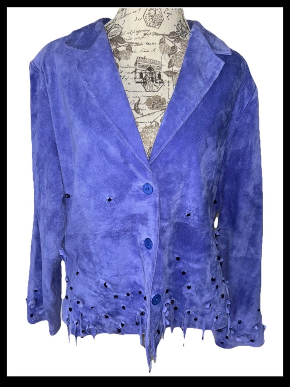 Vintage Victor Costa Occasion Purple suede jacket with flowers Fringe Size XL